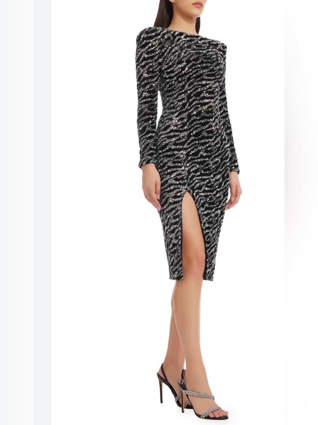 Dress The Population Black And Silver Sequin Zebra-Print Long Sleeve Midi Dress